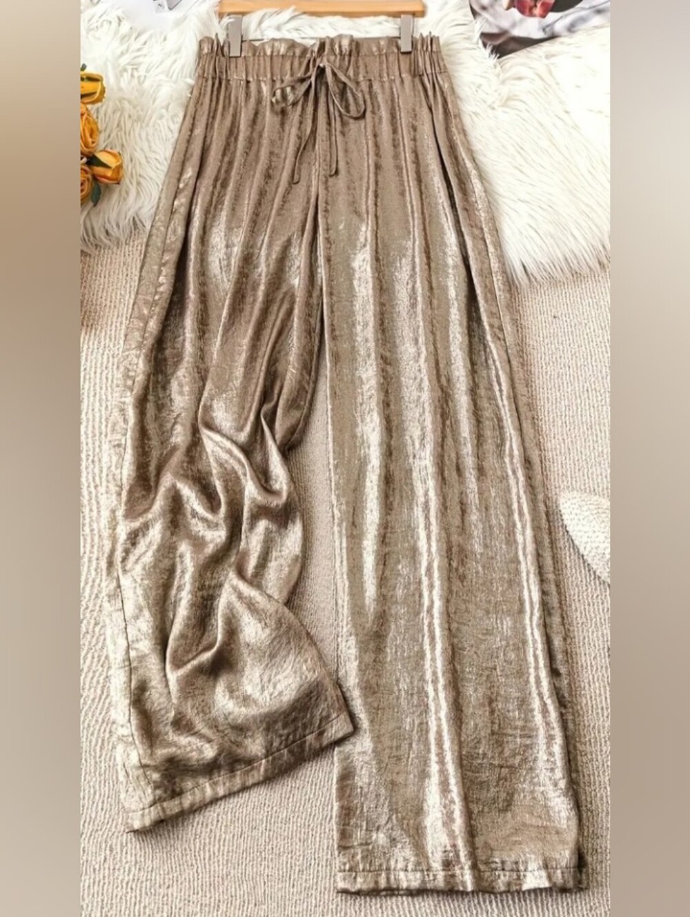 Metallic Taupe Wide Leg Velvet Pants